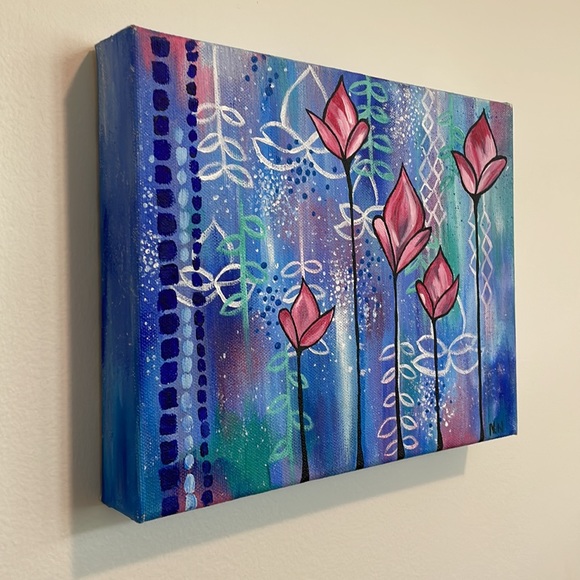 Tulip Lotus Blue Original 8x10 Painting Wall Art - Picture 3 of 5